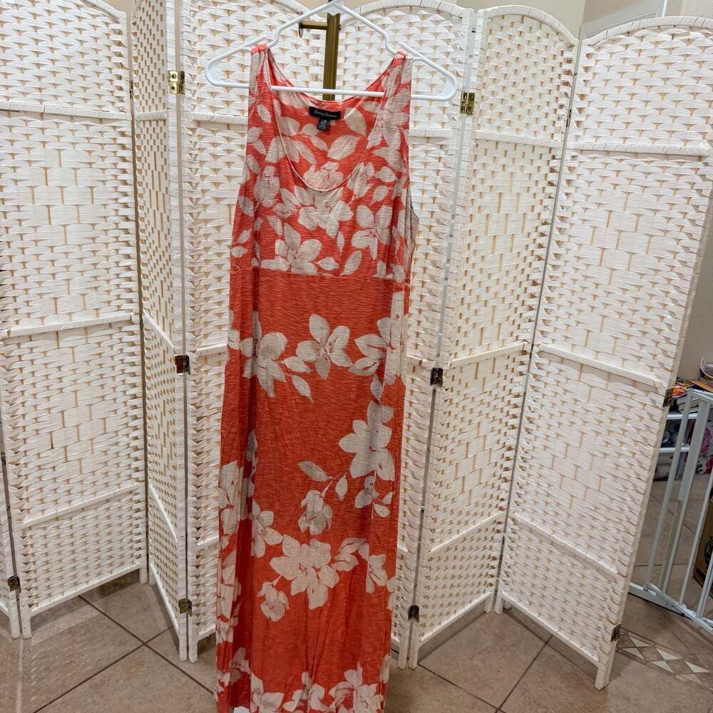 Tommy Bahama Coral Tropical Floral Sleeveless Rayon Maxi Dress Large